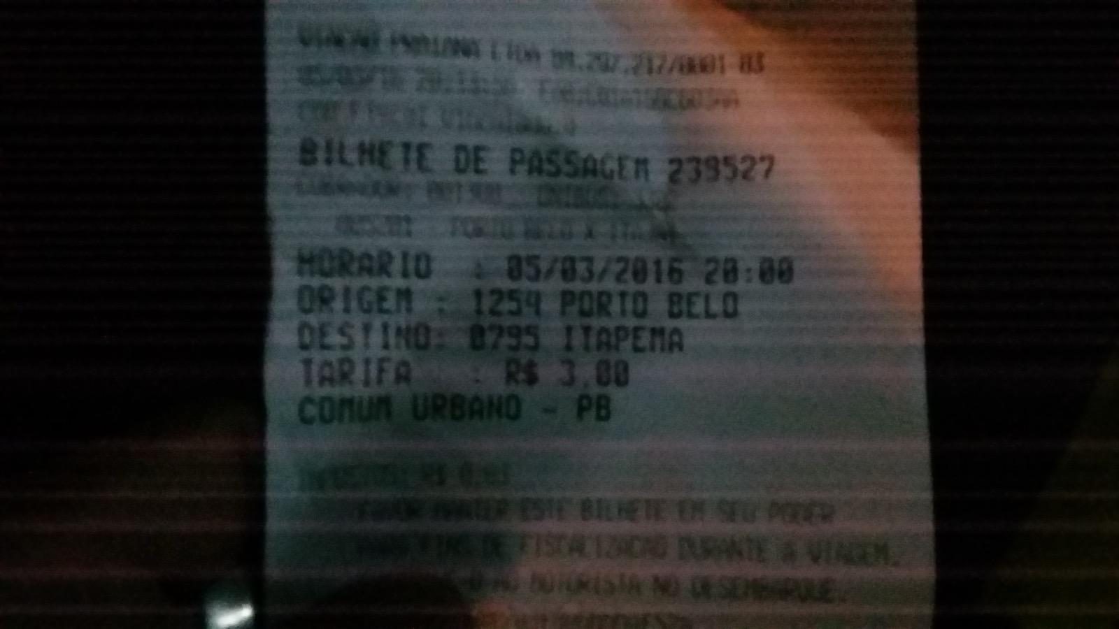 Bus ticket Porto Belo–Itapema, March 5, 2016