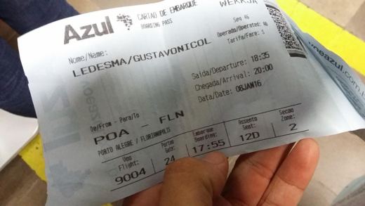 Azul boarding pass, Porto Alegre to Florianópolis, 2016
