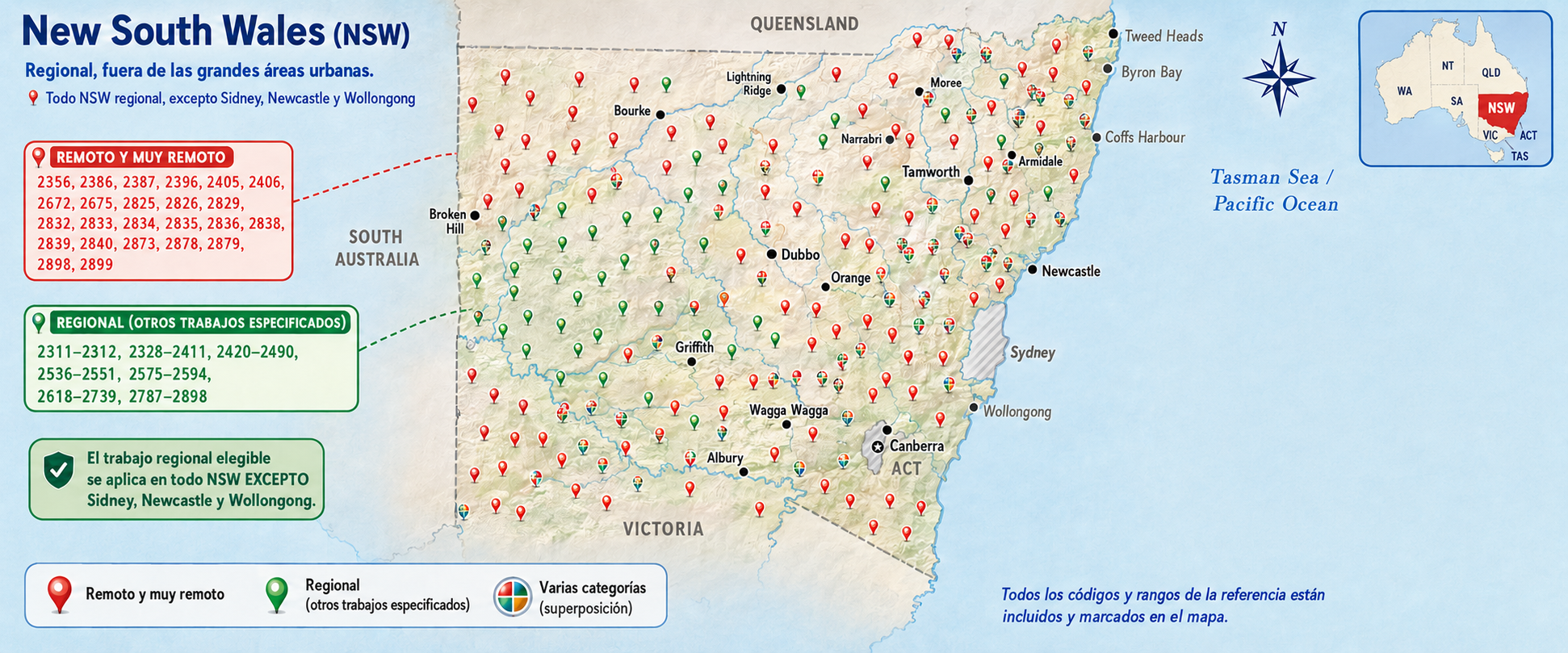 Mapa de New South Wales — zonas y códigos postales elegibles