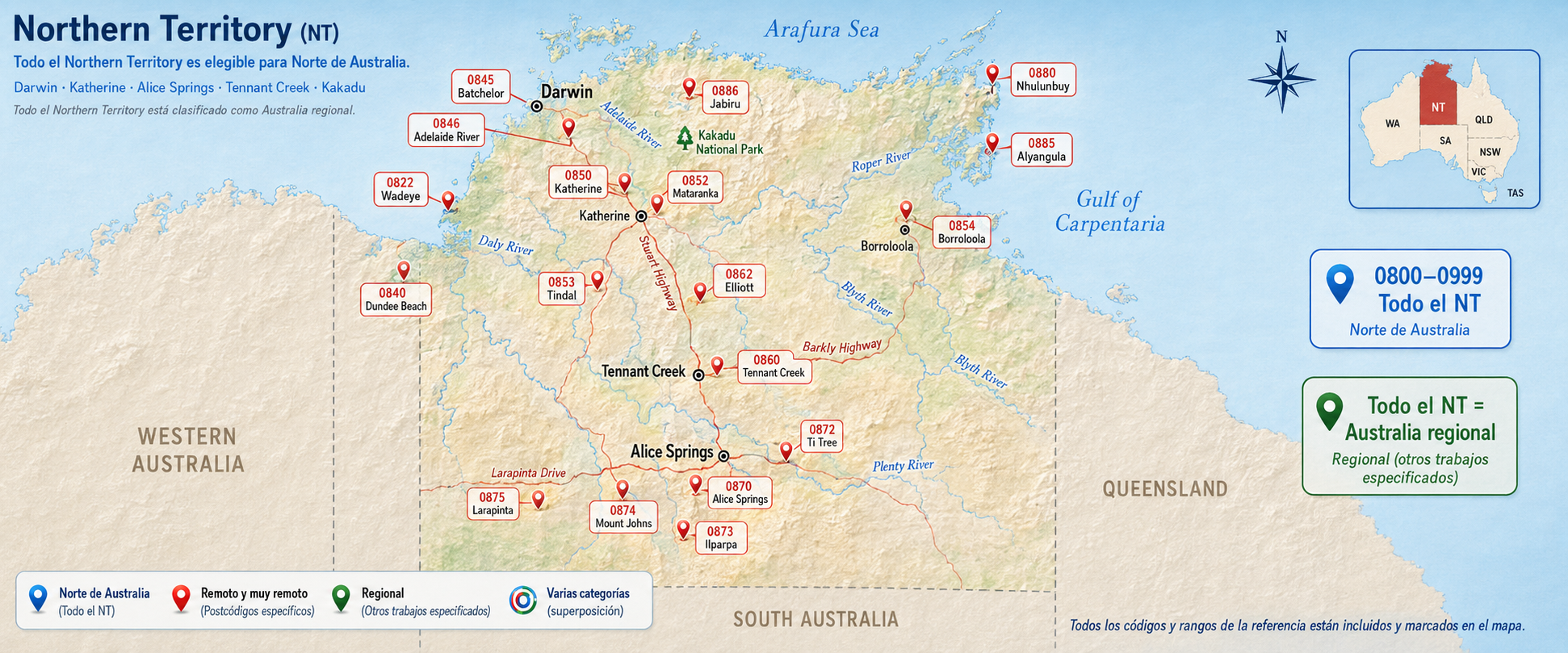 Mapa de Northern Territory — zonas y códigos postales elegibles