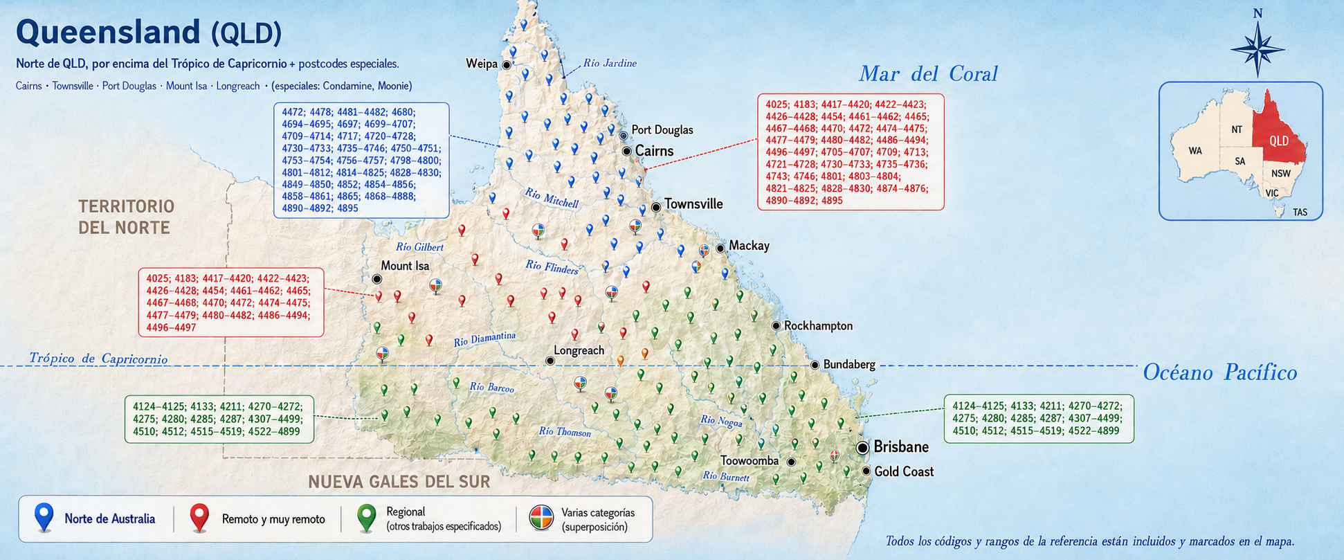 Mapa de Queensland — zonas y códigos postales elegibles