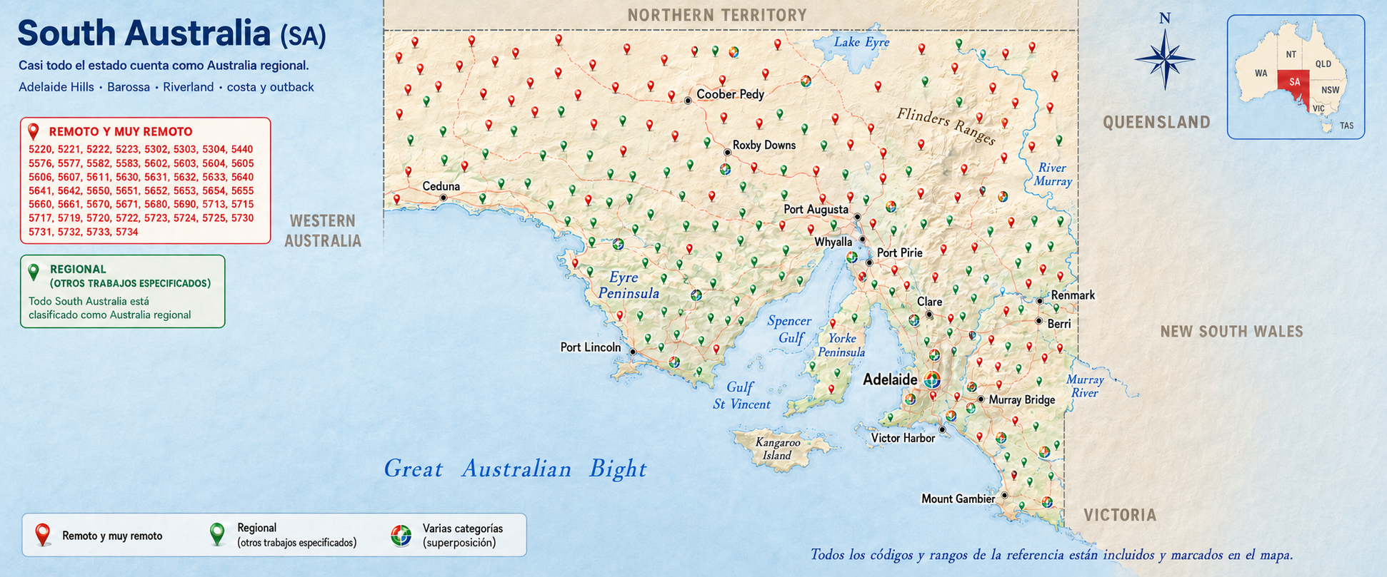 Mapa de South Australia — zonas y códigos postales elegibles