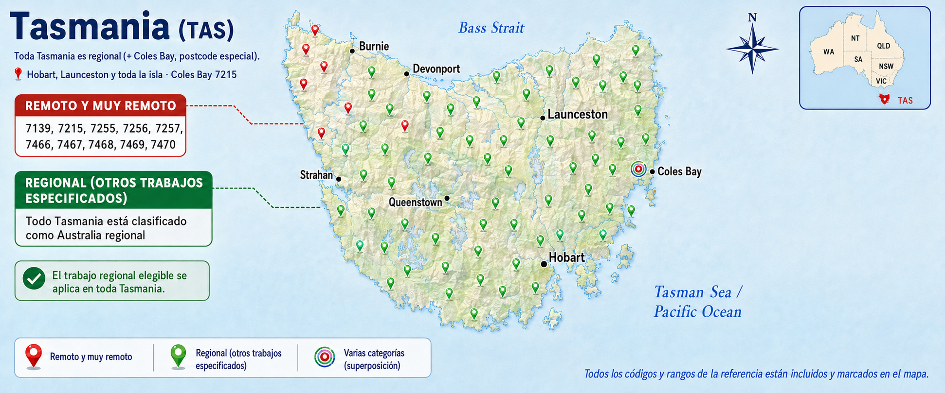 Mapa de Tasmania — zonas y códigos postales elegibles