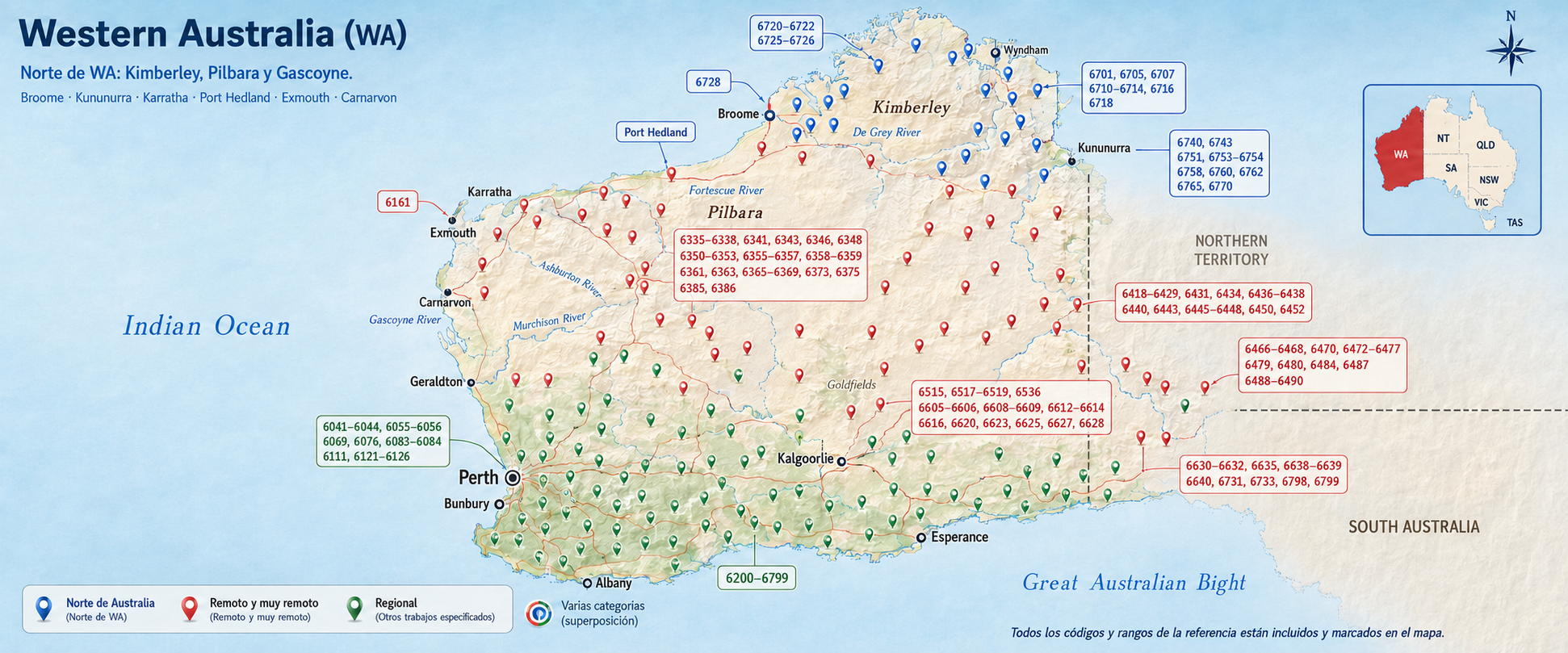 Mapa de Western Australia — zonas y códigos postales elegibles